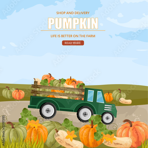 Pumpkins in a truck Vector. Farm ville