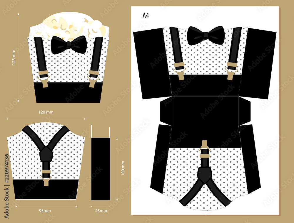 Printable vector box for sweet food or french fries. Black, gold ...