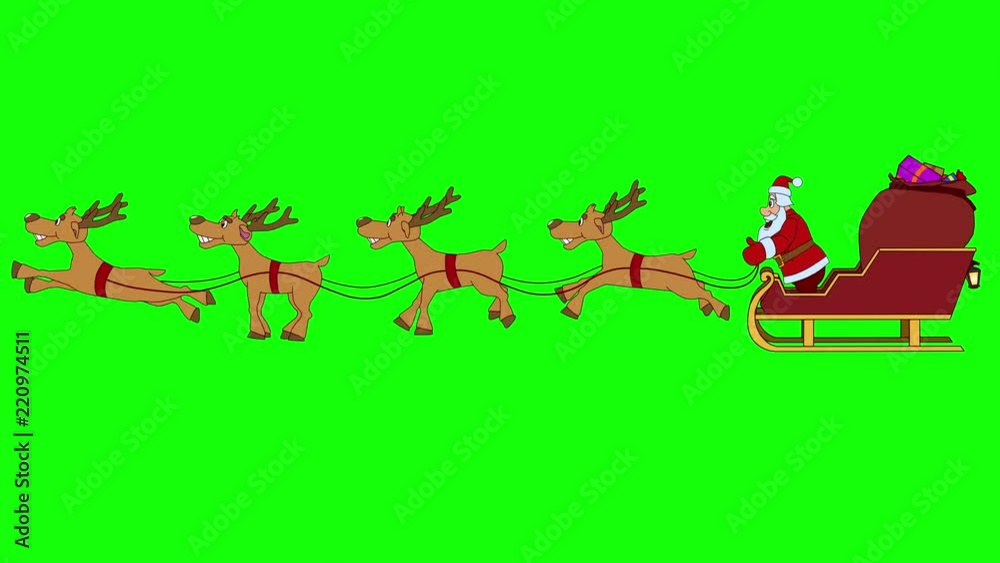 Animated Santa Claus goes fast christmas sleigh. Side view. Looping
