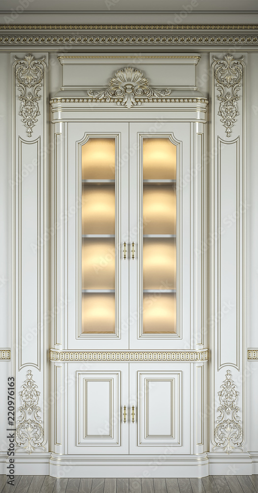 Showcase in a classic style with gilding and lighting. 3d rendering.