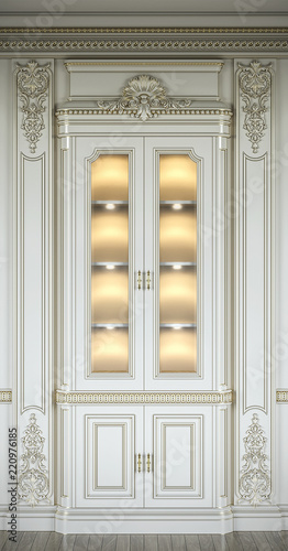 Showcase in a classic style with gilding and lighting.