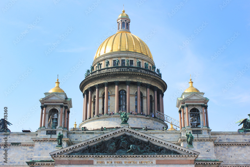  Saint Isaac's Cathedral Facade. Old Neoclassical Church Architecture Building, Close Up View of Saint Isaac Cathedral Fronton and Panoramic Golden Dome