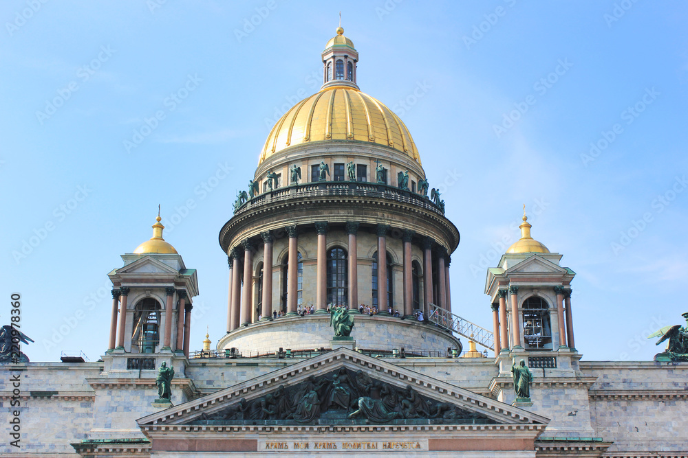 Saint Isaac's Cathedral Facade. Old Neoclassical Church Architecture Building, Close Up View of Saint Isaac Cathedral Fronton and Panoramic Golden Dome Saint Isaac's Cathedral Facade. Old Neoclassical Church Architecture Building, Close Up View of Saint Isaac Cathedral Fronton and Panoramic Golden Dome