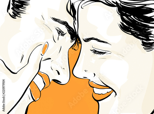 couple amour heureux , dessin 2,3 couleurs en vectoriel (main levée) photo