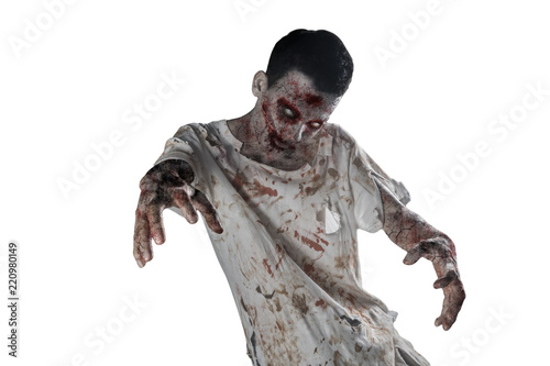 Creepy male zombie with bloody mouth on studio photo