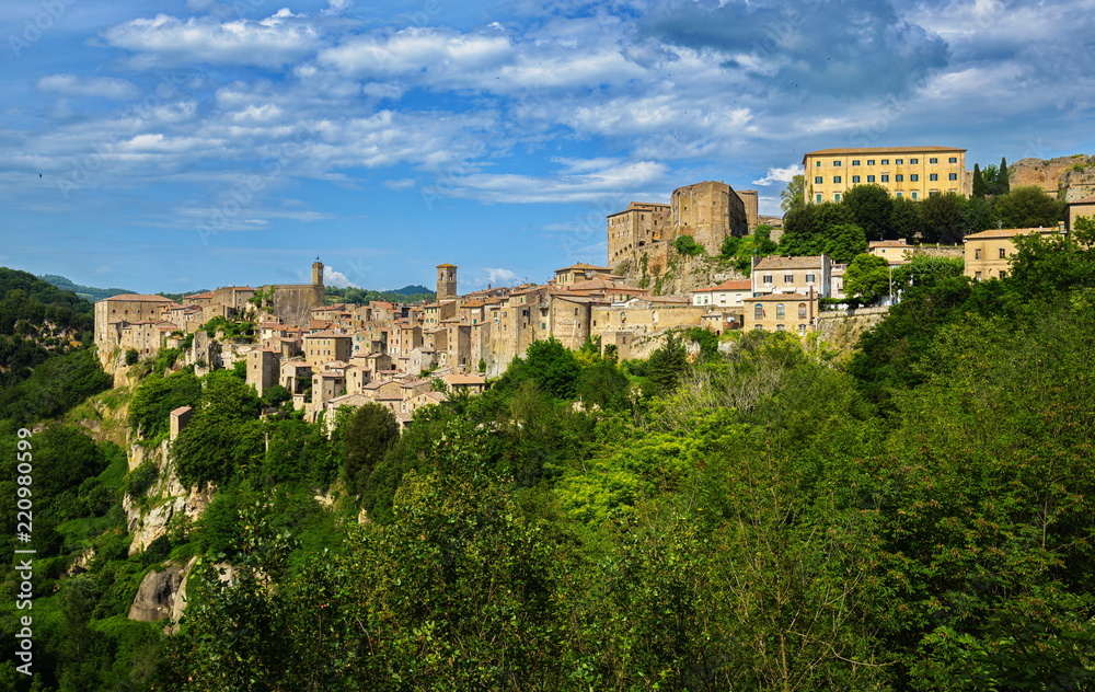 Sorano is an ancient medieval hill town hanging from a tuff stone over the Lente River, Italy
