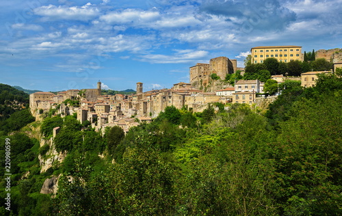 Sorano is an ancient medieval hill town hanging from a tuff stone over the Lente River, Italy