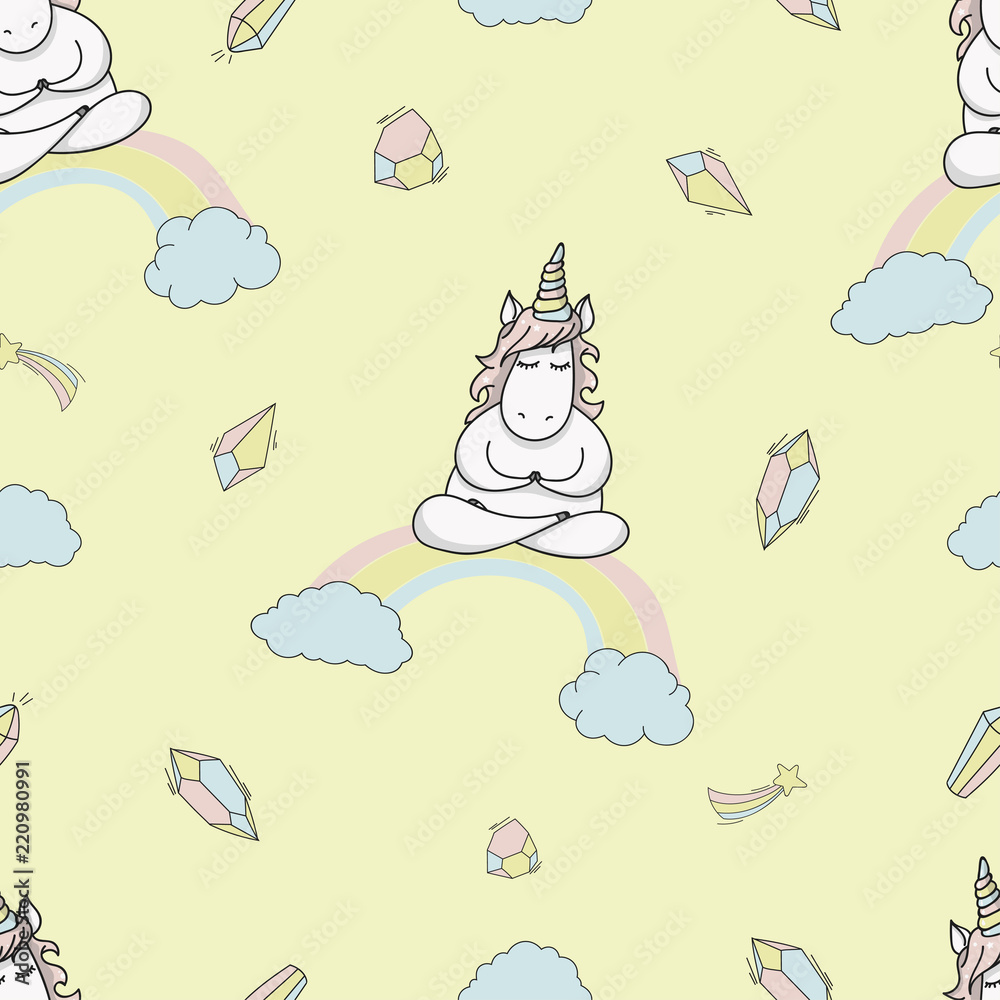 Magic cute unicorn yoga Seamless Vector Pattern. Vector background