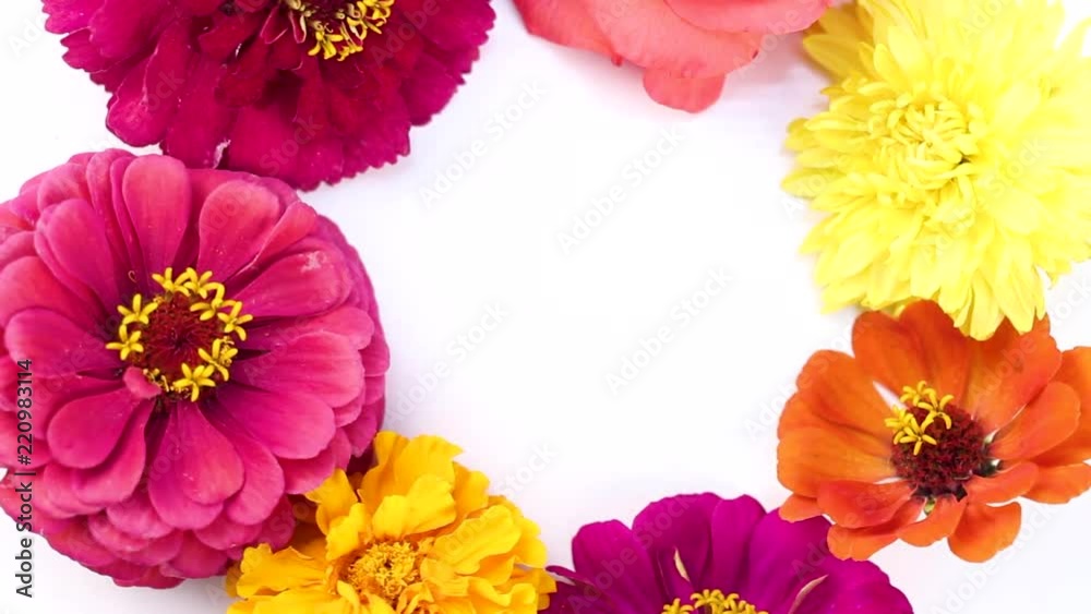 A bouquet of flowers spinning on a white background. Close up.