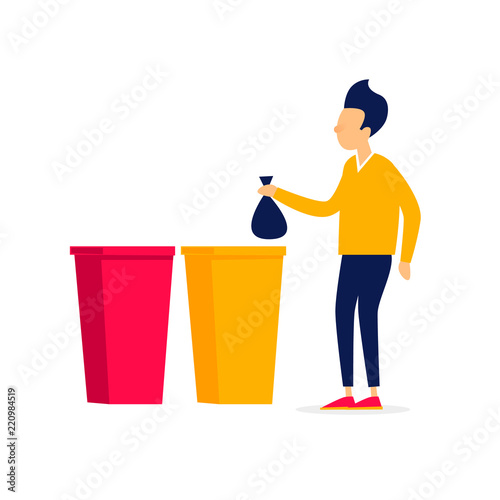 Man sorts the garbage. Flat style vector illustration.