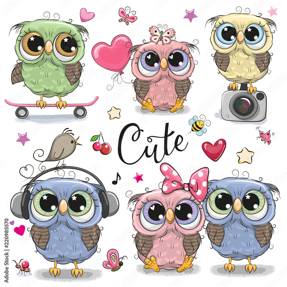 Set of cute owls on a white background
