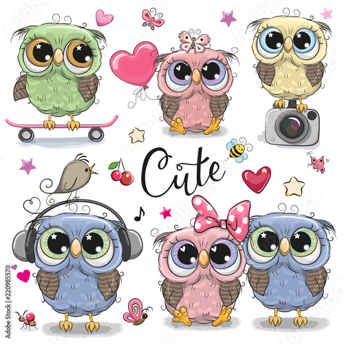 Set of cute owls on a white background
