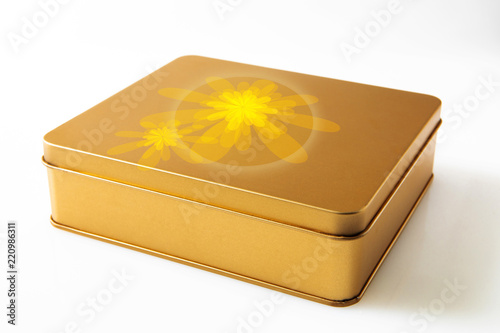 Mid-Autumn Festival family reunion, enjoy the moon drinking tea to eat moon cakes, golden gift box on the white background