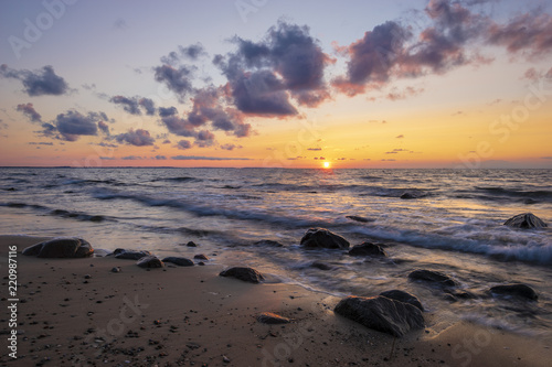 Romantic sunset over the sea beach  baltic sea  Poland