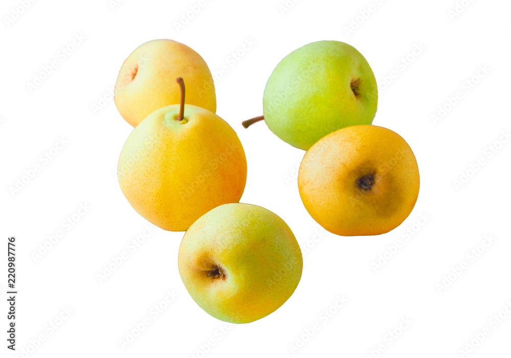 Fresh organic pears isolated on white background. Fruit background. Autumn harvest of a pear.