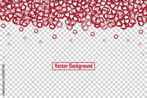 Social nets red heart floating web buttons isolated on transparent background. Heart icons for live stream video chat likes falling background vector design template