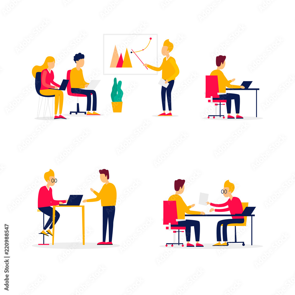 Office life, meeting, brainstorming, business, conference, courses, lectures. Flat style vector illustration.