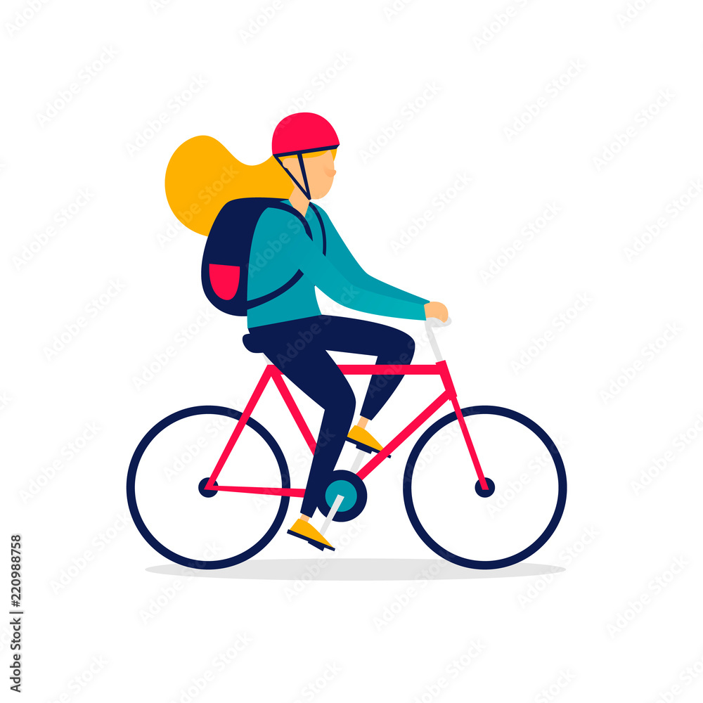 Cycling, girl riding a bicycle. Flat illustration isolated on white background. Cycling, girl riding a bicycle. Flat illustration isolated on white background.