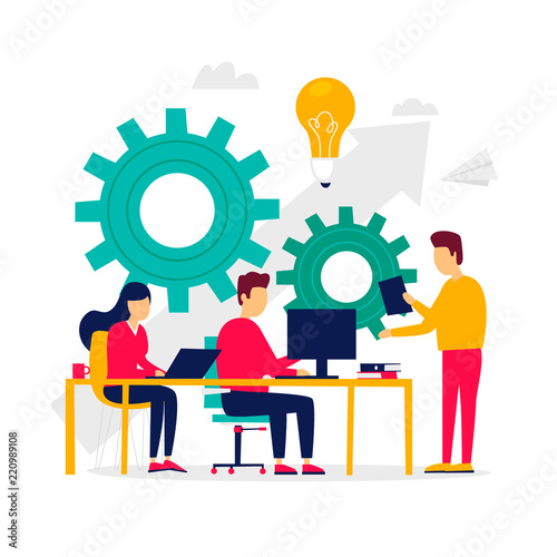 Search for an idea, business project, startup, group of people working, rise of the career, business analysis. Flat illustration isolated on white background.