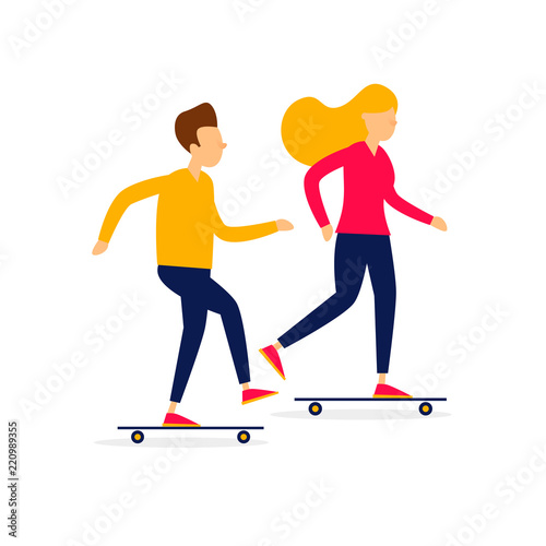 Guy and the girl go on skateboards. Flat illustration isolated on white background.