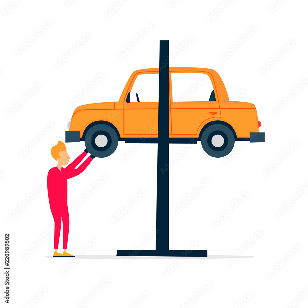 Car repair, mechanic repairs the suspension, tire fitting. Flat illustration isolated on white background. Car repair, mechanic repairs the suspension, tire fitting. Flat illustration isolated on white background.