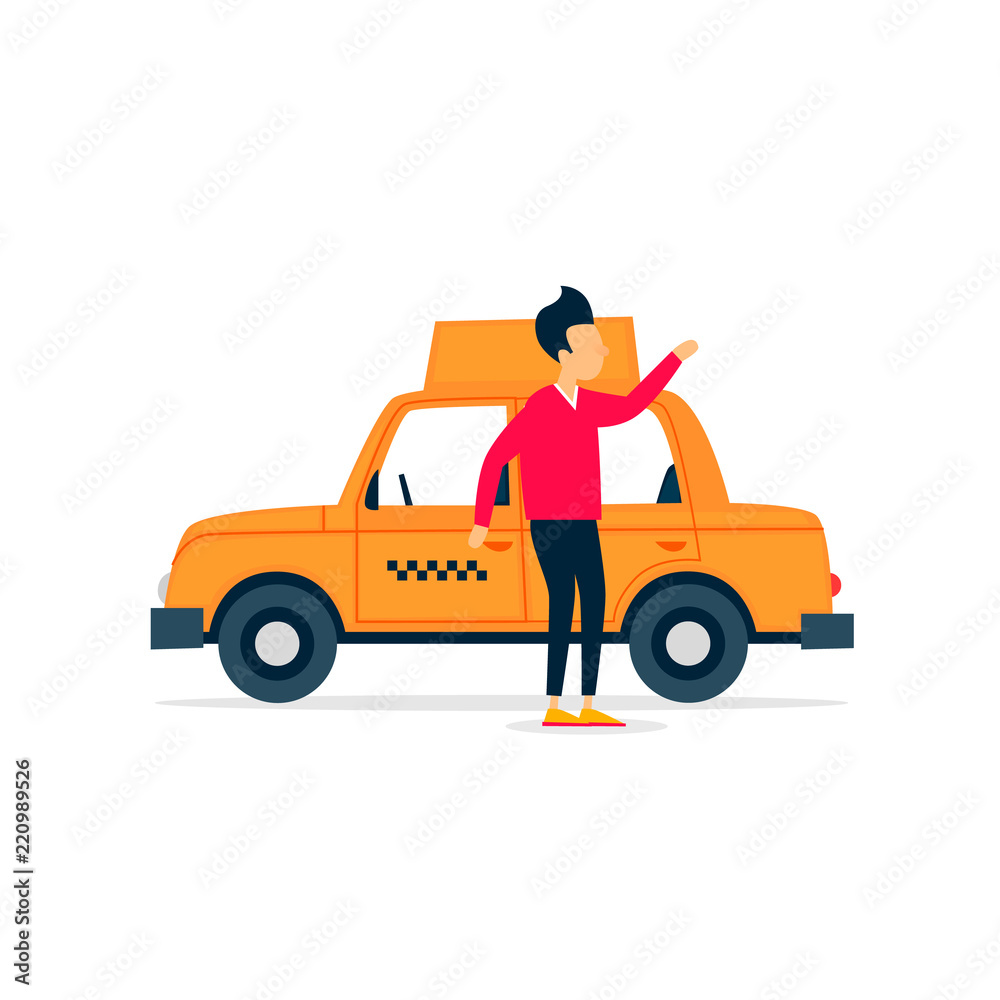 Taxi driver invites to ride. Flat illustration isolated on white background. Taxi driver invites to ride. Flat illustration isolated on white background.