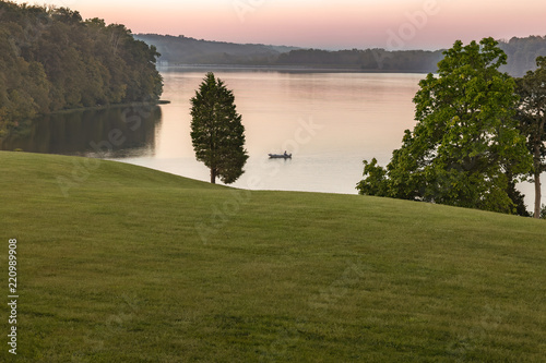 Small Fishing Boat on Acton Lake in Hueston Woods State Park, Ohio at Sunrise