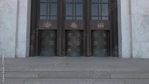 The entrance steps and doors of the Oregon State Capitol building,  tilt up to see  text 