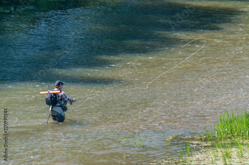 The fisherman catches fish by fly fishing