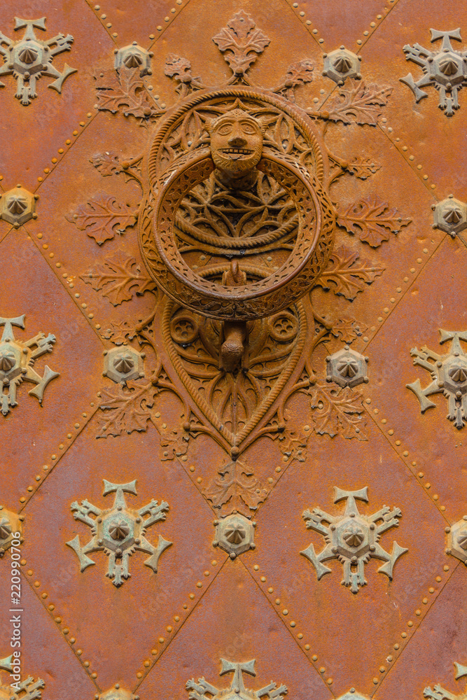 detail of the gate of the cathedral of Tarragona in Spain, the main worship of the city /the cathedral door is in Gothic style with rosettes and a doorknob