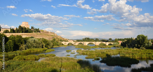 view of bridge and the Castle of Henry II of Castile  14th century  and River Agueda  Ciudad Rodrigo  Castile and Leon  Spain