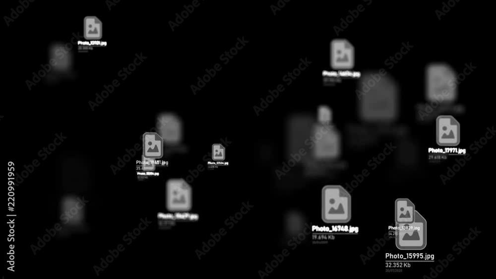 Futuristic virtual file storage flytrough. Files appear from black and dissolving in out of focus area.