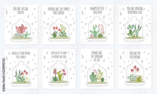 Vector postcard collection with cute house plants under glass