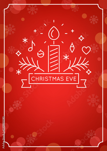 Candle and Ornaments Outline. Christmas Eve Candlelight Service Invitation. Line Art Vector Design and Festive Bokeh Background