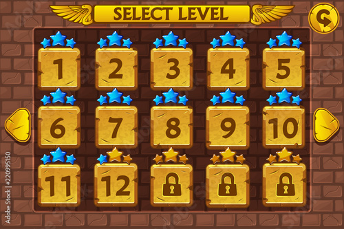 Egyptian style Level select screen. Game ui set