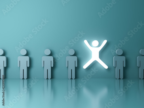 Stand out from the crowd and different concept One glowing light man jumping with legs and arms wide open among other people on dark green pastel color background with reflections and 3D rendering