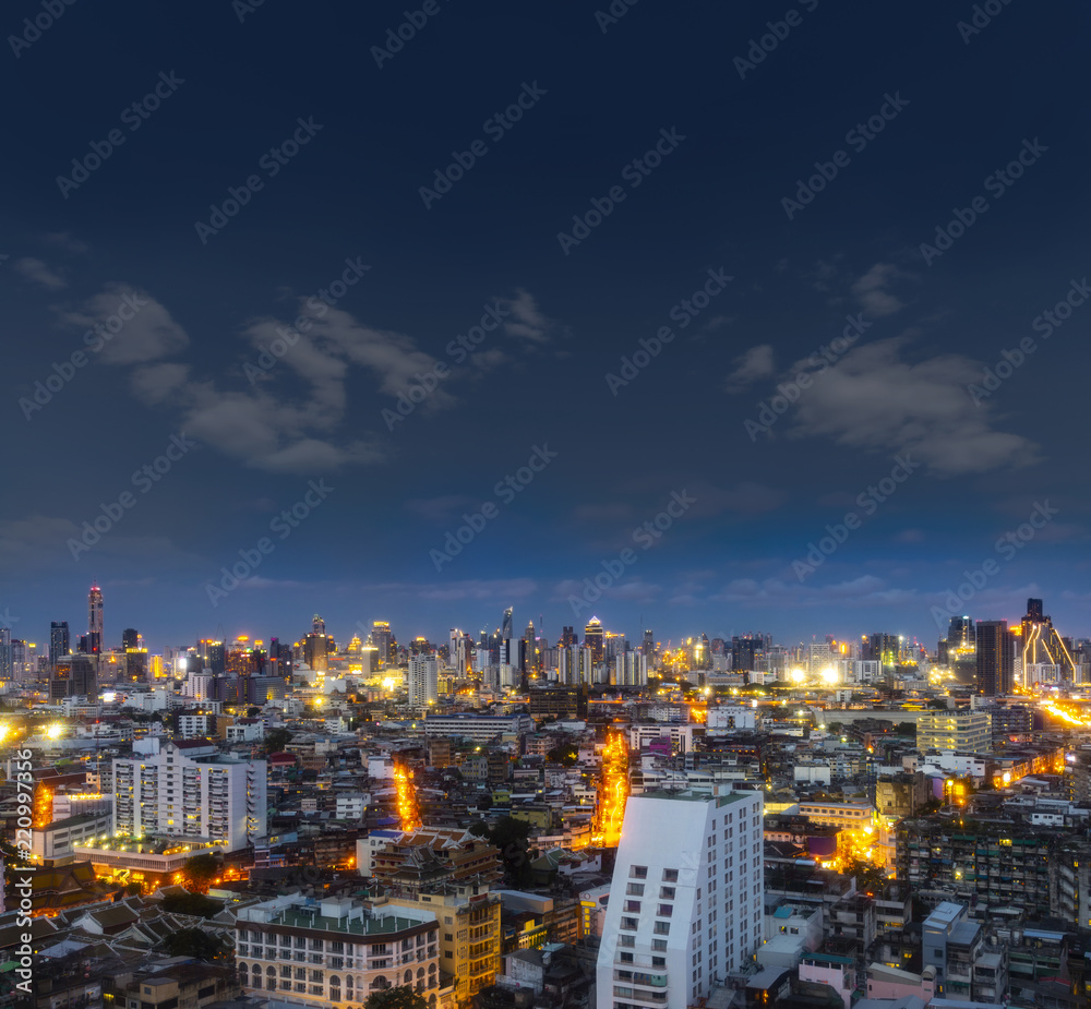 cityscape Bangkok skyline in Twilight night view, Thailand. Bangkok is metropolis and favorite of tourists live at between modern building / skyscraper, Community residents