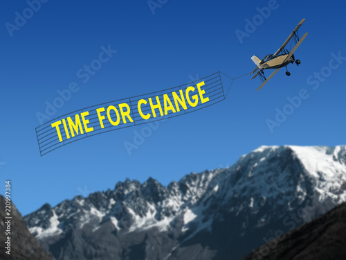 Time for Change inspirational quiote on banner with plane photo