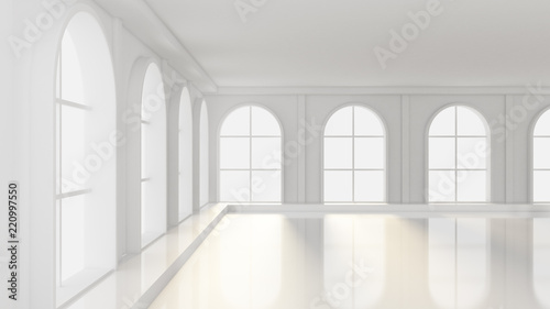 White empty interior, white room with windows, background. 3d illustration, 3d rendering.