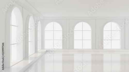 White empty interior  white room with windows  background. 3d illustration  3d rendering.