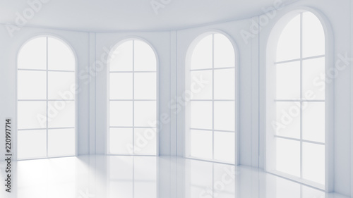 White empty interior  white room with windows  background. 3d illustration  3d rendering.