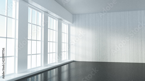 White empty interior, white room with windows, background. 3d illustration, 3d rendering.