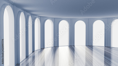 White empty interior  white room with windows  background. 3d illustration  3d rendering.