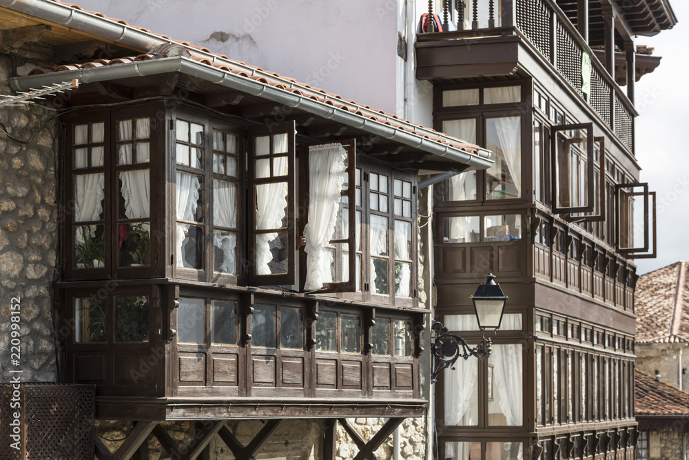 facades with wooden galleries in Comillas, Cantabria
