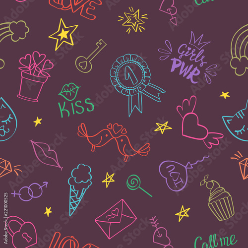 Seamless pattern with hand drawn girly doodles. Repeating background with childish sketch design elements for textile, wallpaper, scrapbooking.