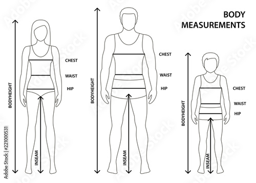 Vector illustration of contoured man, women and boy in full length with measurement lines of body parameters. Man, women and child sizes measurements. Human body measurements and proportions. 