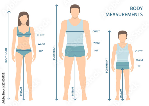 Vector illustration of man, women and boy in full length with measurement lines of body parameters . Man, women and child sizes measurements. Human body measurements and proportions. Flat design.