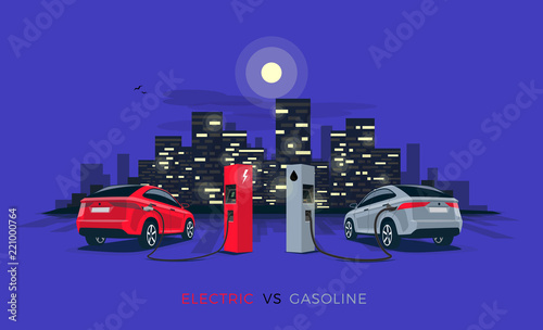 Vector illustration comparing electric versus gasoline car suv. Electric car charging at charger station vs. fossil car refueling petrol at gas station. Night city building skyline in the background.