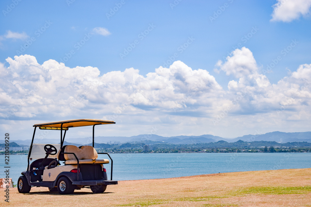 Parked empty golf cart on lawn overlooking the ocean and city