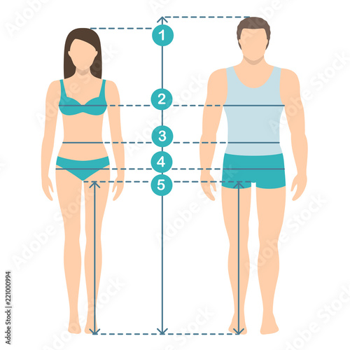 Vector illustration of man and women in full length with measurement lines of body parameters . Man and women sizes measurements. Human body measurements and proportions. Flat design.